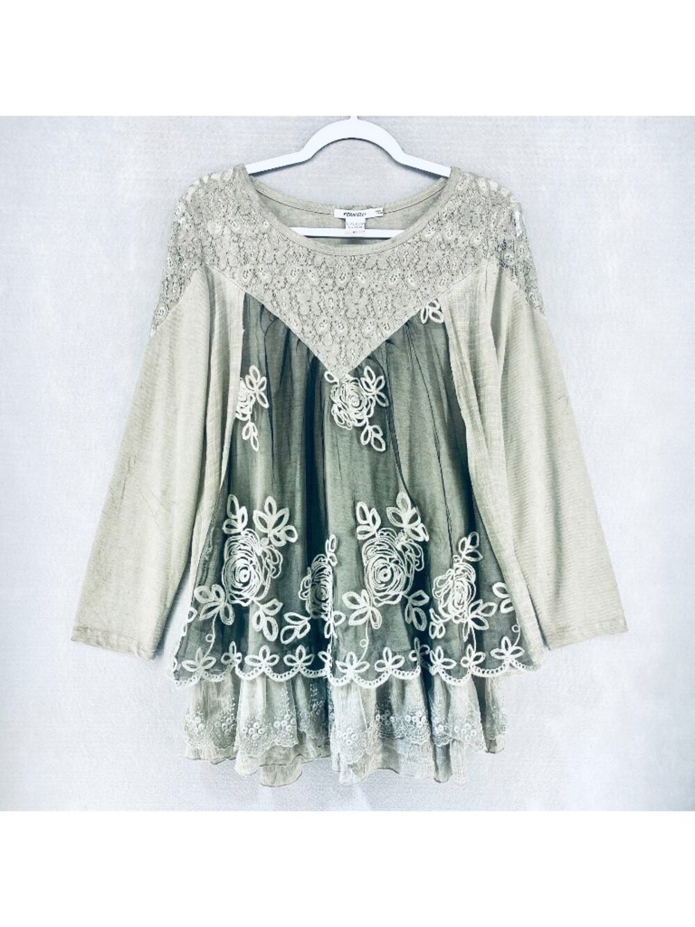 Feratellie Cottagecore Top Womens XL Beige Lace Cotton Blend Blouse Fairy Boho